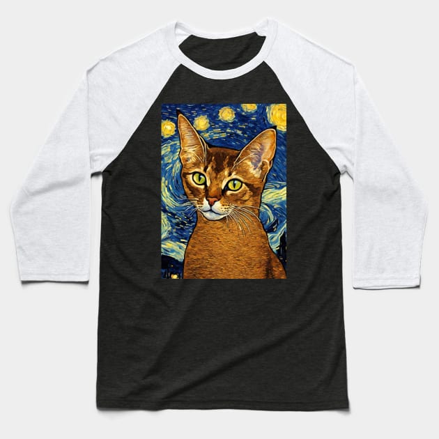 Abyssinian Cat Breed Painting in a Van Gogh Starry Night Art Style Baseball T-Shirt by Art-Jiyuu